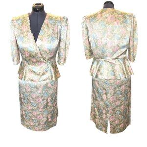 Vintage 1980s Risa Ann Floral Peplum Jacket & Skirt Set With Lace Trim Pastel Co